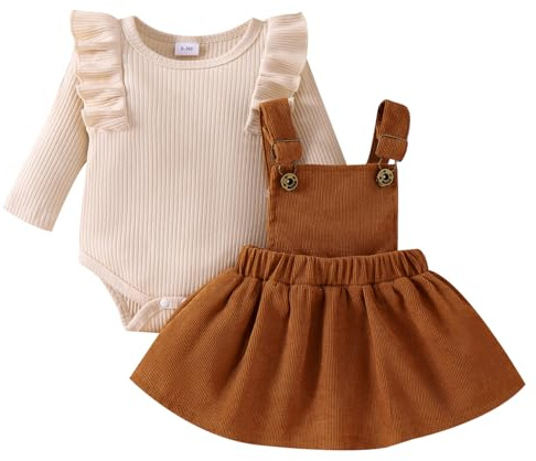 LUVCES Ensemble Jupes Nouveau-né Fille Manche Longue/Courte à Volants Haut + Salopette à Carreaux/Nœud Papillon Robe à Bretelles Automne Hiver Vêtements