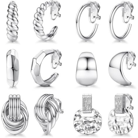 Diamday 6 Paare Ohrclips Clip Ohrringe Damen 18K Gold/Silver Clip Ohrringe Set Hypoallergen Tropfen Chunky Statement Geometrische Twist Runde Ohrringe Clips Kein Piercing Gefälschte Ohrringe