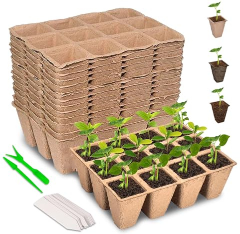 XPJBKC Pots Biodégradables, Lot de 180 Pots de Semis en Fibre Biodégradable de 3.5 cm avec étiquettes et Outil pour Transplanter, Godets Semis Plantes Biodégradables, Pots de Semences pour Jardin