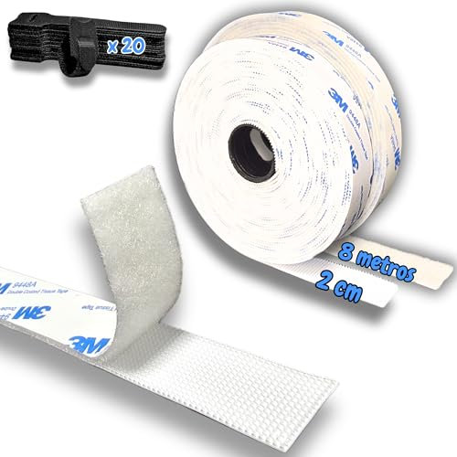 BASAMA 8 metros x 2cm Rollo Belcro Adhesivo Doble Cara Extrafuerte de Nylon + 20 Bridas Belcro Sujeta cables | Belcro de Pegar Doble Cara, uso en múltiples superficies | Pegamento Resistente