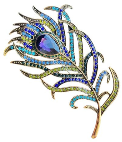 Broche plume de paon, alliage vintage avec incrustation de diamant, broche plume de paon, accessoire pour femme, taille unique, Acier inoxydable