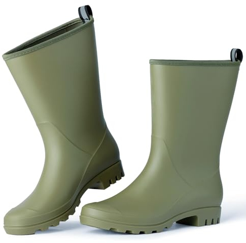 Kprm Wide Calf Women's Rain Boots Waterproof PVC Women Rubber Boot Mid Height Rain Shoes for Outdoor Gardening Work Walking Green Size 9
