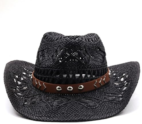 Cazqgoy Chapeau de cowboy unisexe en paille - Chapeau de soleil Hollow Out - Large bord - Chapeau de cowboy vintage Western Straw - Chapeau de cowboy