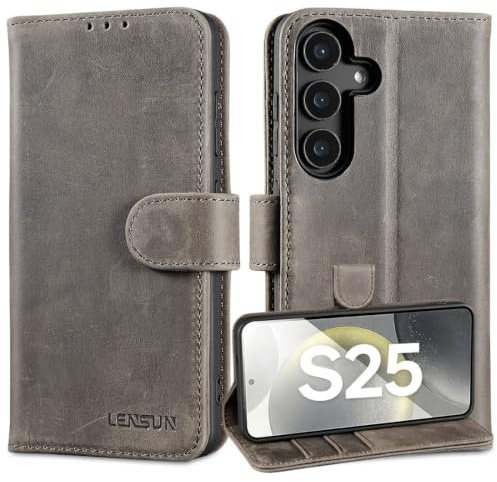 LENSUN Handyhülle für Samsung Galaxy S25 Echtleder, Flip Case - Graubraun | Echtes Leder Hülle, Kartenfach, Standfunktion, Lederhülle Handytasche, Retro Design