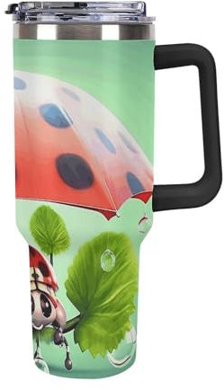 40 Oz Tumbler with Handle And Straw, Funny Ladybug Holding Umbrellas Vacuum Insulated Water Bottle, Cup Holder Compatible for Travel, Reusable Insulated Stainless Steel Cup Gifts for Women & Men