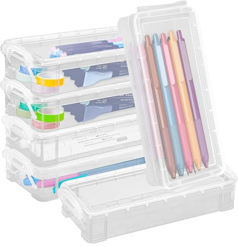 DARUITE Lot de 6 Boite de Rangement Bureau, Pot a Crayon Superposable Transparente Fermeture à Pression, Plumier en Plastique pour Bureau et Maison, Transparent