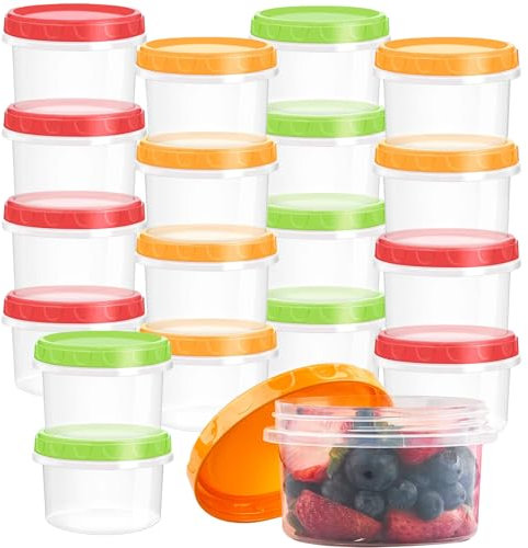 Woobroo 18-Piece Snack Pots Small Food Containers with Lids 250ml / 8oz Reusable Plastic Deli Pots Stackable Airtight Containers with Lids (Three Colors) – Dishwasher Microwave Freezer Safe