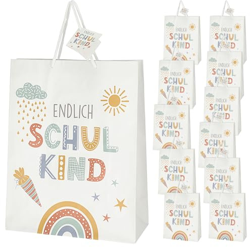 Geschenktüte 'Endlich Schulkind' 12er Set | 25x33x12cm Papier 128g/m² weiß matt | beidseitig bedruckt | Schulanfang Henkel Geschenkanhänger