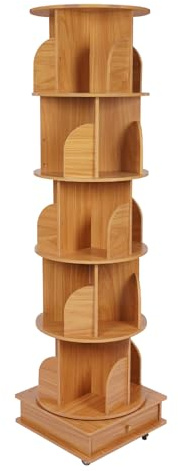 OUKANING 5-stufiges drehbares Bücherregal, 45kg Tragkraft, 200-250 Bücher Kapazität, mobiles Bücherregal mit Rollen und Schrank, Modernes zylindrisches Regal für Wohnzimmer/Büro (Nuss-braun)
