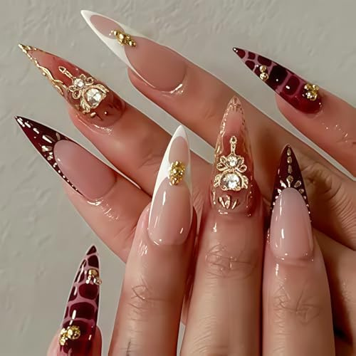 24Pcs Long Press On Nails, Red Fake Nails with Rhinestones Design, Nails Press Ons for Women, Girls, Artists for Party, Holiday, Prom (Red)