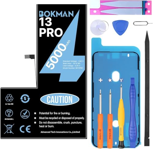 bokman Battery Replacement for iPhone 13 Pro, High Capacity 5000mAh Lithium Polymer Battery with All Tool Kits
