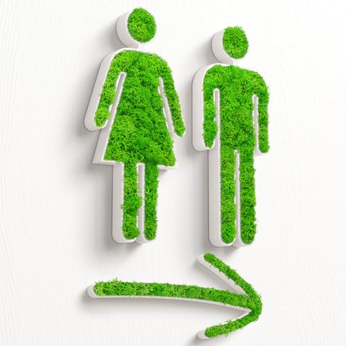 MOOSWERK Moos WC Türschild Set mit Pfeil | Modernes Toilettenschild für Gäste-WC, Badezimmer & barrierefreie Toiletten | Natürliches Moosbild Deko-Schild für Tür oder Wand Weiß