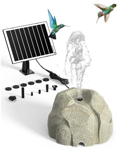Realistische Solar Vogeltränke Solar Springbrunnen, Granit Optik Kunstharz Brunnen mit 10 Düsen, Solarbrunnen für Garten, Teich oder Vogelbad, Outdoor Solar Gartenbrunnen mit Akku Option (Set B)