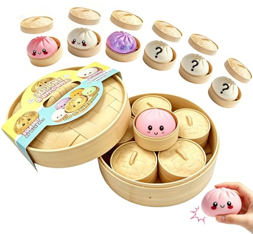 6 PCS Mini Random Mystery Dumpling Squishies Set, 6 Random-Color Bao Bun Fidget Toys with 1 Large and 6 Mini Compartment Steamer Basket, Anxiety-Relief Sensory Gift for Kids and Adults