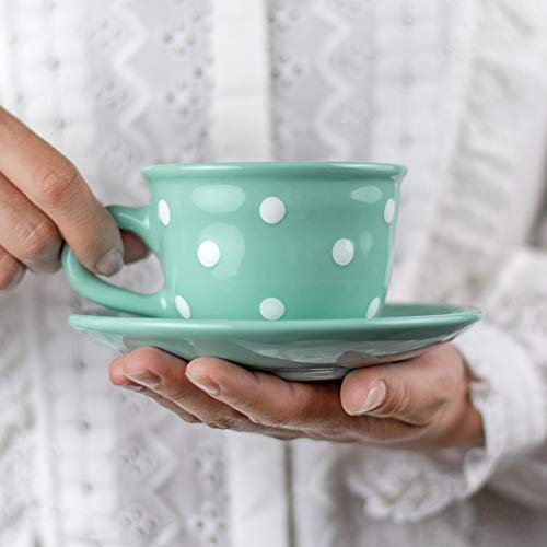 City to Cottage | Tasse et sous tasse à café, à thé | bleue turquoise à pois blancs en céramique faite et peinte à la main | 250ml