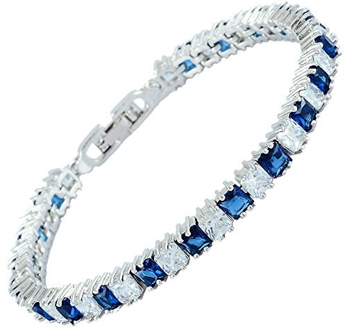 RIVA Eiswürfel Tennis Armband [18cm/7inch] mit Prinzessschliff Edelstein Zirkonia CZ [Blau Saphir] in 18K Weißgold Vergoldet, Einfache Moderne Eleganz