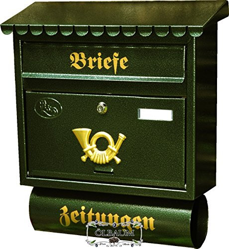Wandbriefkasten,Großer Briefkasten, Premium-Qualität aus Stahl, mit Schutzlackierung Flachdach F grün dunkelgrün moosgrün mit Katalogeinwurf und Zeitungsrolle