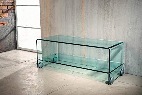 IMAGO FACTORY Flix | Porta TV da Salotto - Ponte in Vetro Curvato con Ripiano e Ruote, Tavolino per TV in Vetro, Mobile da Soggiorno, Base TV Moderno, Mobiletto TV in Vetro Resistente