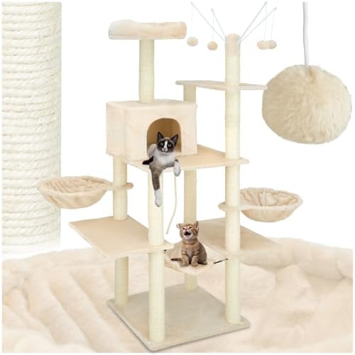 tectake® Rascador para Gatos, Árbol Rascador para Gatos, Hamaca, Plataformas, Bolas de Juego, Rascador Gato, Juguetes para Gatos, Plataforma de Descanso, Protección Antivuelco - Beige