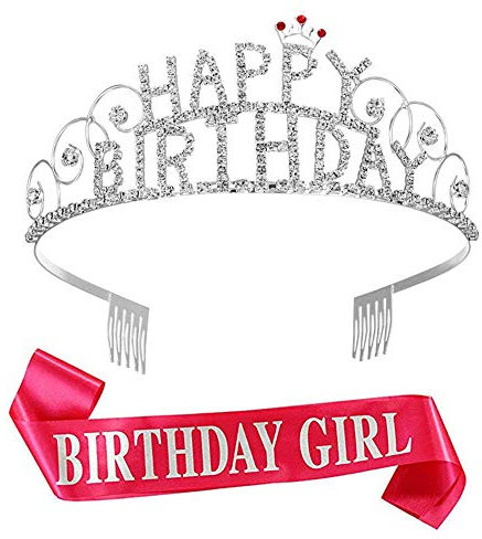 REYOK 2 pcs Birthday Girl Glitter Crown Rhinestone Crystal Birthday Tiara Crown Headband Headpiece Hair Accessories with Birthday Girl Sash Rose Red background+Silver letters