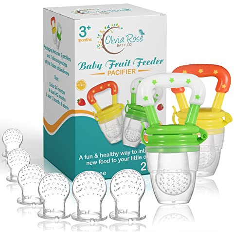Baby Fruit Feeder Pacifier 2Pack + 6 Silicone Food Sacs for Teething Babies