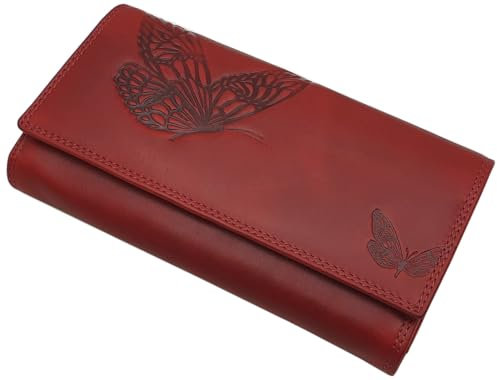 Große Rindleder Damen Geldbörse/Geldbeutel/Portemonnaie/Geldtasche mit RFID & NFC Schutz (Mit Schmetterling-Motiv/Kirschrot)