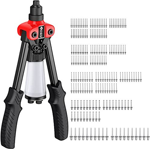 JiGiU Nietzange Set Blindnietzange mit 200 Stück Nieten 2,4/3,2/4,0/4,8/6,4 mm Austauschbaren Mundstücke 12/31cm Ergonomischer Griff Nietpistole Popnietenzange für Heimwerker (Rot)