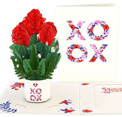 Lovepop® 3D Pop-Up Karte XOXO Liebeskarte mit Mini-Blumenstrauß für Valentinstag, Jahrestag, Hochzeitstag | inkl. Umschlag & Versteckfach für Geld & Gutscheine