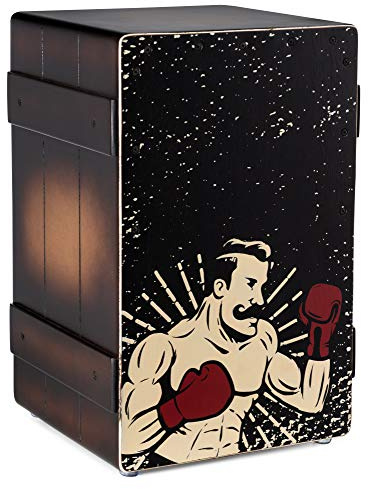 XDrum Design Series Cajon Boxer, Designer-Cajon mit Comic-Aufdruck | Integrierter Bass Port, Korpus: HPL (High Pressure Laminate), Obere Hälfte der Schlagfläche geschraubt, Schlagfläche: Boxer