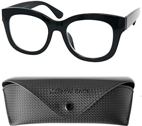 Stilvolle Retro Anti Blaulicht Brille Lesebrille Dicker Rahmen und großen Gläsern, Gratis Etui, Kunststoff Brillengestell (Schwarz), Blaulichtfilter Brille Damen 1.0 Dioptrien