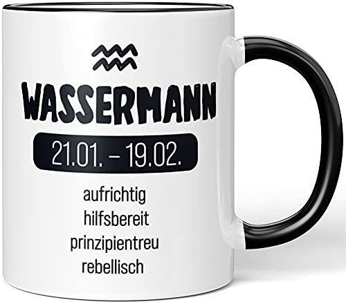 JUNIWORDS Tasse, Sternzeichen Wassermann, aufrichtig hilfsbereit prinzipientreu rebellisch, Wähle Farbe, Schwarz