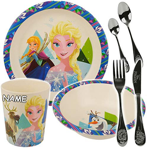 alles-meine.de GmbH 7 TLG. Set - Geschirrset + Kinderbesteck - die Eiskönigin - Frozen - inkl. Name - BPA frei - Trinkbecher + Teller + Müslischale - Kindergeschirr - Kunststoff ..