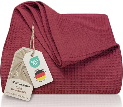 LAYNENBURG Premium Tagesdecke 180 x 220 cm - Waffelpique 100% Baumwolle - leichte Wohndecke Waffeloptik - Baumwolldecke als Bett-Überwurf, Sofa-Überwurf, Couch-Überwurf - Sofa-Decke (Bordeaux)
