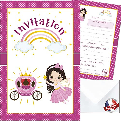 Lola et Louis (L&L) 10 cartes invitation anniversaire fille • 10 enveloppes • Thèmes Princesse, Fée, Rose, Arc en ciel, Nuages • Cartons pour inviter filles et garçons