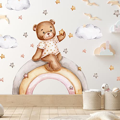 WANDKIND Bär auf dem Regenbogen Wandtattoo V327 | handgezeichnet | AUFKLEBER Kindergarten | Wandsticker Kinderzimmer Deko Teddybär mit Sterne Bären (40 x 40 cm)