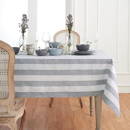 Solino Home Tischdecke aus Leinen, gestreift, 152,4 x 228,8 cm, grau und weiß, Cabana-Streifen, handgefertigt aus 100 % reinem Leinen, europäisches Flachs