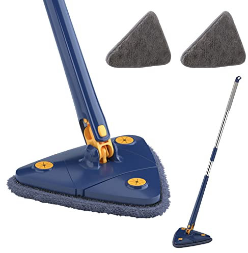 360° Drehbarer Verstellbarer Reinigungsmopp, Dreiecks-Teleskop Wischmopp mit automatischer Wasserquetschfunktion für Bodenreinigung, Wandreinigung (1 Blau Mopp+2 Lappen)