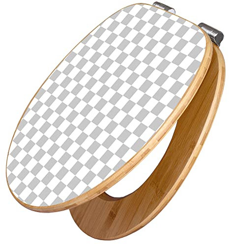 banjado® Design WC Sitz Bambus Absenkautomatik mit Motiv Karo Grau/Toilettendeckel mit Absenkautomatik Holz/hochwertiger Bambus Klodeckel/WC-Sitz für alle gängigen Toiletten