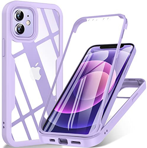 Für iPhone 12 Hülle, iPhone 12 Pro Hülle, 360 Grad Rundumschutz Stoßfest Handyhülle iPhone 12| iPhone 12 Pro, Liquid Silikon Bumper Case Mit Eingebautem Displayschutz Outdoor Cover Schutzhülle, Lila