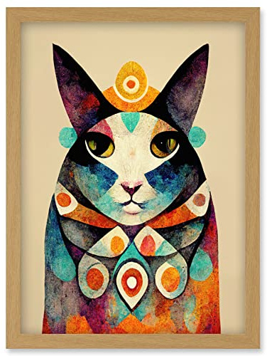 Wee Blue Coo Quirky Boho Abstract Modern Shaman Guru Cat Artwork Framed Wall Art Print A4