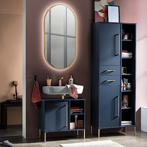 Lomadox Waschplatz Set LED-Spiegel Waschbeckenunterschrank Hochschrank in blau