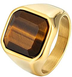 OAKKY Achat Ring für Herren Edelstahl Jahrgang Quadratischer Braun Onyx Versprechensring Gold Größe 65 (20.7)