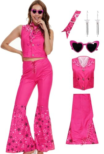 AYYOHON Cowgirl-Kostüm, 70er-/80er-Jahre, Hippie-Disco-Outfits, rosa Weste, Top, Schlaghose, Halloween, Margot Robbie, Cosplay für Damen
