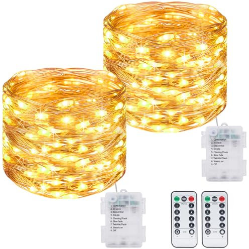 kolpop Guirnalda Luces Pilas,12M 120 LED 8 modos Luces LED de control Remoto y Temporizador, Impermeable Micro de Alambre Guirnaldas Cobre para Exterior Interior,Fiesta,Navidad,Halloween,Bodas, 2pcs