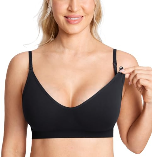 MOMANDA Sleep Nursing Bras for Breastfeeding Seamless Wirefree Maternity Bra V Neck Comfortable Bralette Black Large
