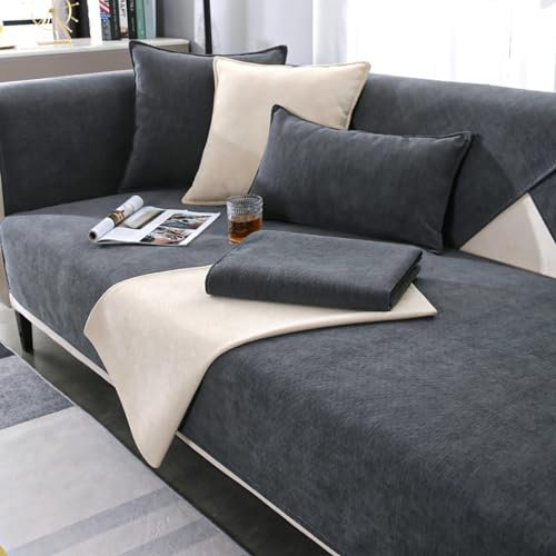 JJRETGY Sofabezug Chenille 1 2 3 4 Sitzer, Ecksofa L Form Sofaüberwurf, rutschfeste Sofabezüge, Warmer Super Weicher Sofabezug, Waschbare Sofabezug für Haustiere (Dunkelgrau,90X240cm)