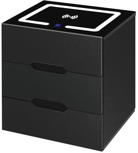 Panana Bedside Table with Wireless Charging Station & 2 USB Port, LED Smart Nightstand with 3 Drawers End Table Night Stand Organizer for Living Room Bedroom Use (Black)