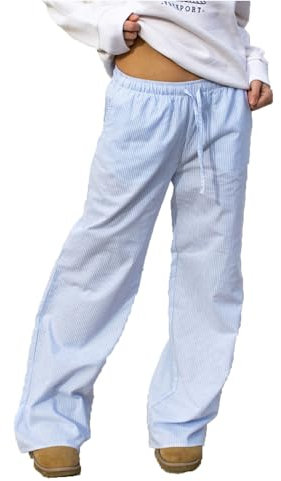 Pantalon de pyjama pour femme - Taille basse - Imprimé rayé - Jambe large - Bouton Y2K, a-bleu, S