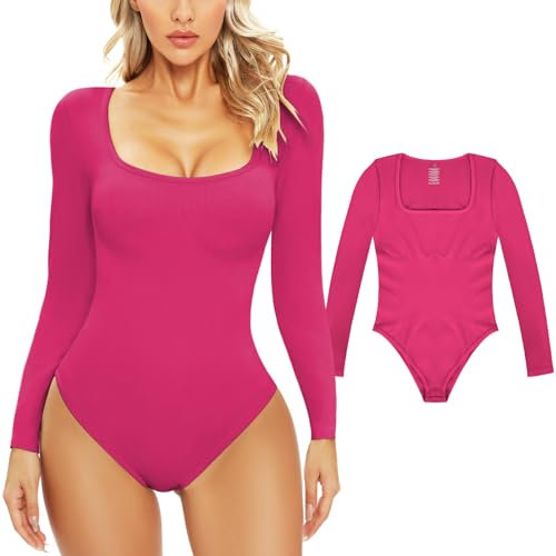 PASUDA Body Donna Manica Lunga Elegante, Bodysuit Scollo a U Sexy Tinta Unita Casuale Elasticizzato Body Basic Tuta Aderente Top (Rosa, L)