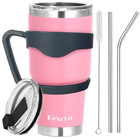 BEXORA 30oz Tumbler with Straw and Lid, Travel Mug- Double Wall Vacuum Stainless Steel Insulated Water Bottle for Drinking Hot or Iced Coffee Drink-Insulated Coffee Cup (Pink)